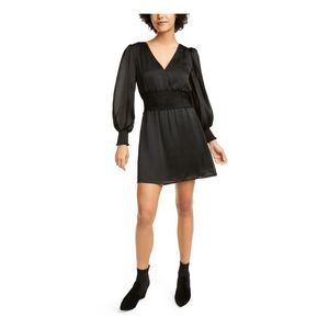 LEYDEN Womens Fit + Flare Short Dress Black Satin Long Sleeve Cocktail Juniors S